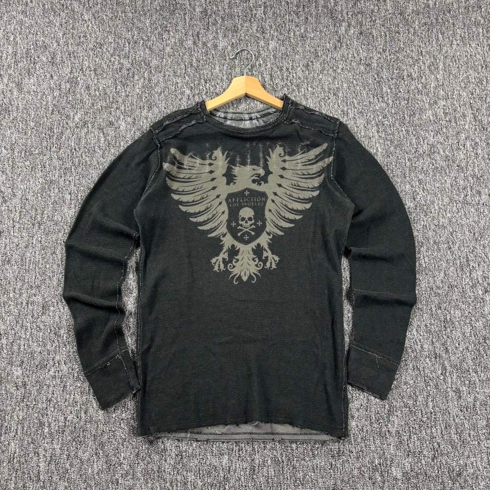 Y2K Affliction Cyber Grunge Reversible Muscle Fit Thermal Black Grey Large